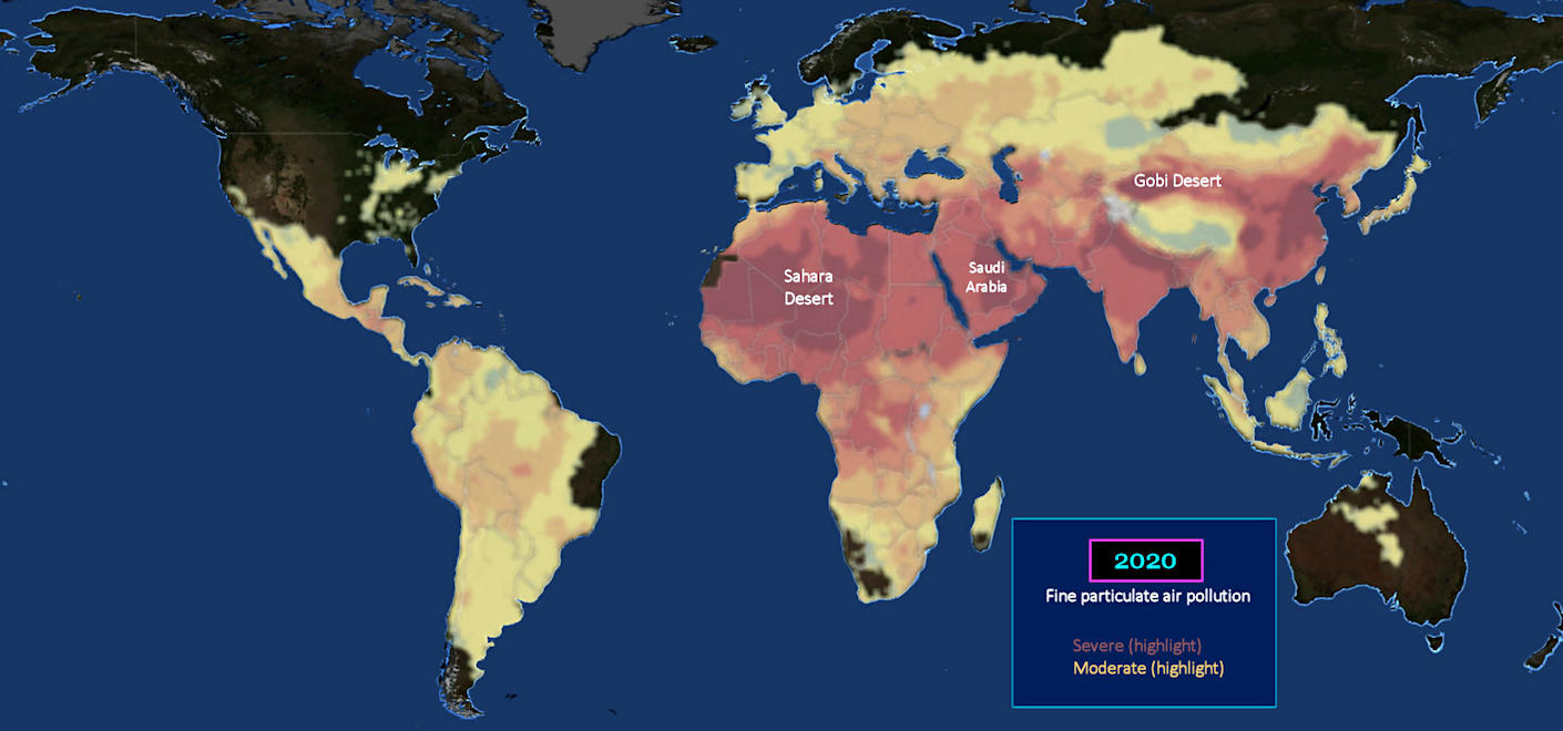 Global particulate air pollution, 2020 map